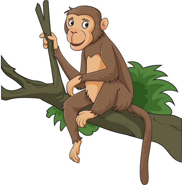 Vettore illustrazione vettoriale che mostra scimmia seduta su un ramo di albero e sorridente felicemente