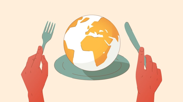 Vector vector illustration showing a plate with earth globe on it and hands holding a fork and knife