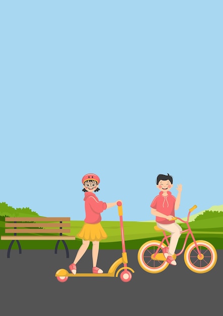 Vector Illustration of Siblings Playing Scooter and Bike