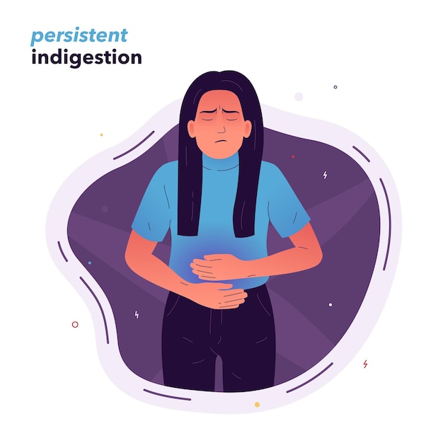 Vector illustration of a sick girl who stands with her eyes closed, holding her hands on her stomach