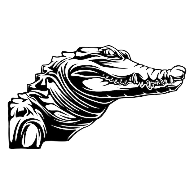 Vector vector illustration side view of crocodile with sharp teeth and eyes stalking its prey black and white design