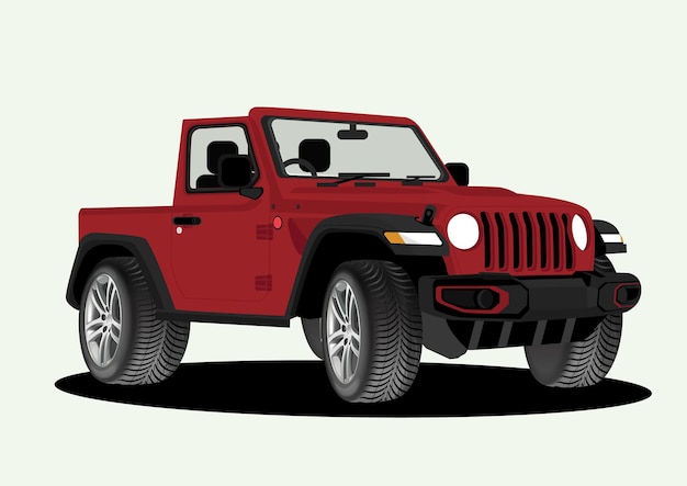 Vector illustration of side view of red color open jeep on light grey background