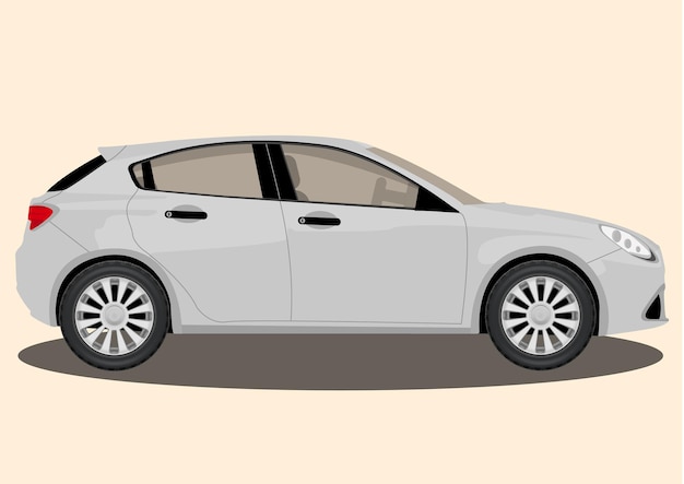 Vector illustration of side view of white color hatchback mini car on light pink background