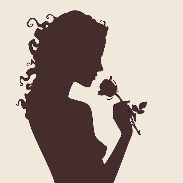 Vector illustration silhouette of beautiful curly girl with rose flower in profile isolated