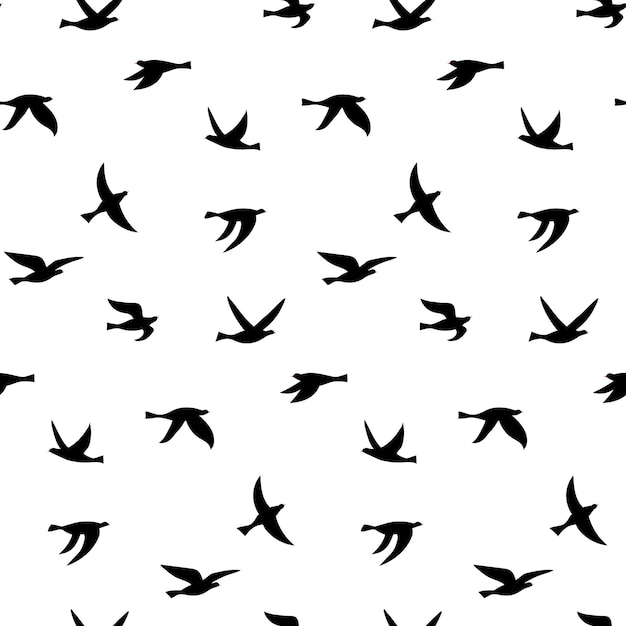 Vector illustration of silhouette of birds. Seamless pattern with flat contours of flying birds