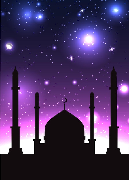 Vector illustration of the silhouette of mosque in the starry b