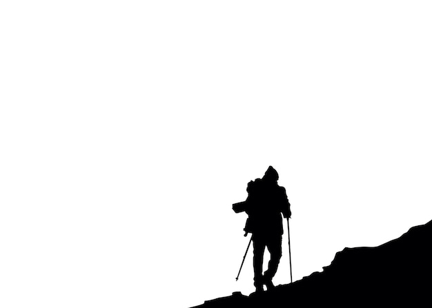 Vector vector illustration silhouette of one climber with ice axe in hand black silhouette on white backgro