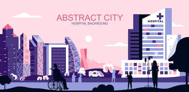 Vector illustration in simple flat style - cityscape with medical clinic treatment center