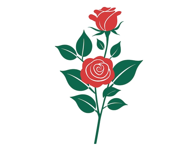 Vector illustration of a single rose with leaves and a stem on a white background