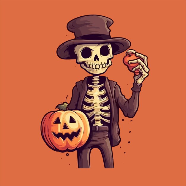 Vector illustration of a skeleton and a pumpkin