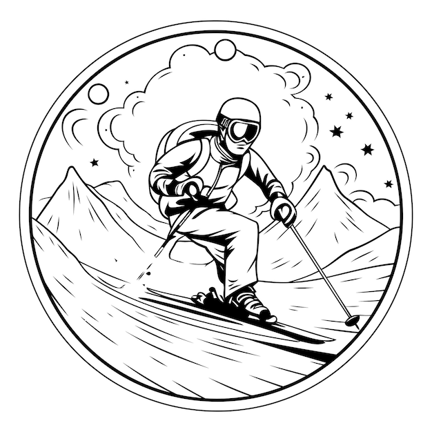 Vector vector illustration of a skier on a mountain slope in a circle