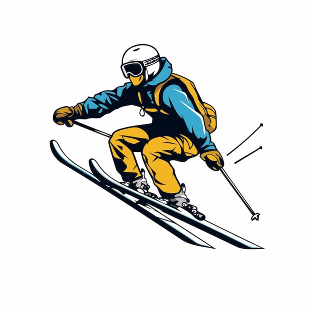 Vector illustration of a skier skiing downhill viewed from side on isolated background