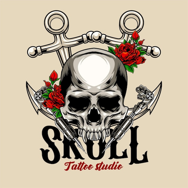 Vector Illustration of Skull Anchor Roses and Tattoo Tools with Vintage Hand Drawing Style