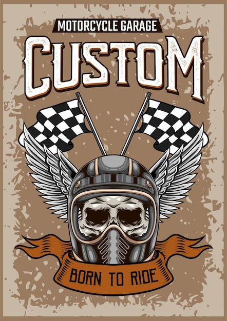 Vector vector illustration of skull wearing helmet with wings and two flags with vintage illustration