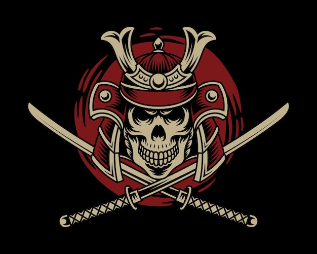 vector illustration of a skull wearing a samurai helmet with two crossed swords