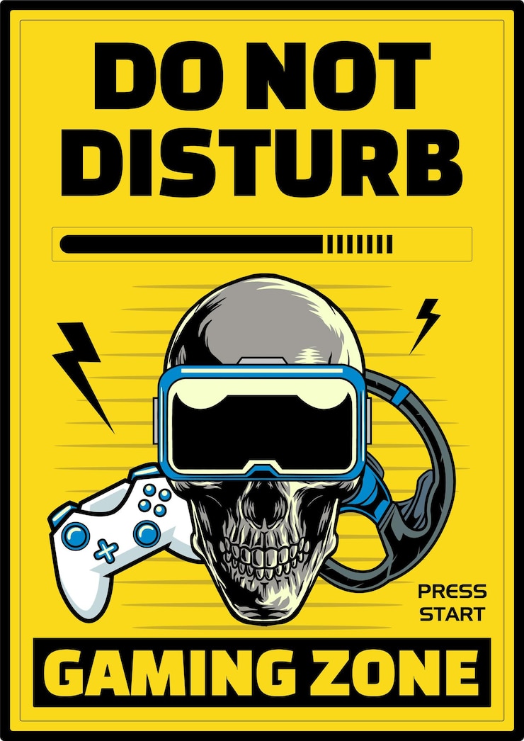 Vector vector illustration of skull with vr glasses game steering wheel and joystick