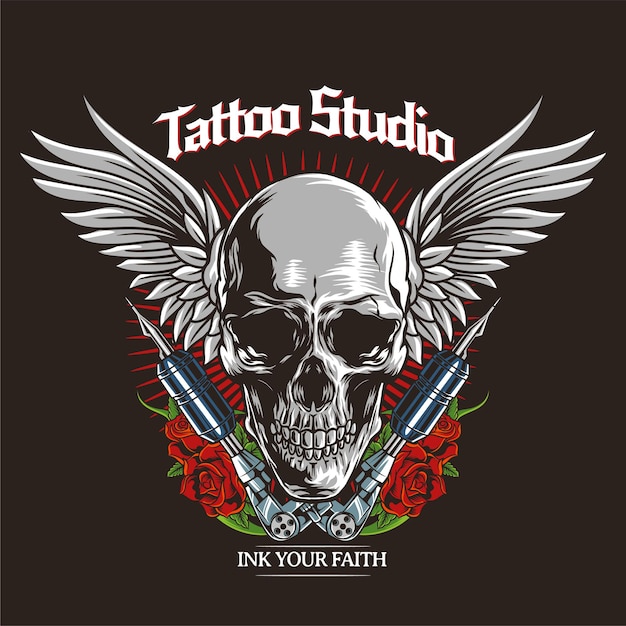 Vector Illustration of Skull with Wings Roses and Tattoo Tools with Vintage Hand Drawing Style