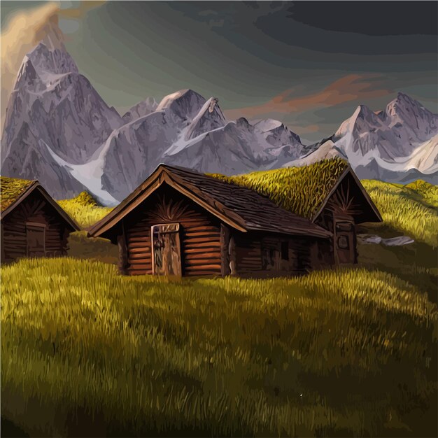 Вектор Векторная иллюстрация маленькая хижина в лесу на фоне гор лесная хижина деревянный дом с