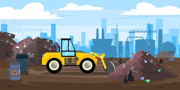 Векторная иллюстрация вонючей мусорной свалки Мультяшные городские здания со свалками различных мусорных химических отходов, бульдозер, который сортирует их, и город на заднем плане