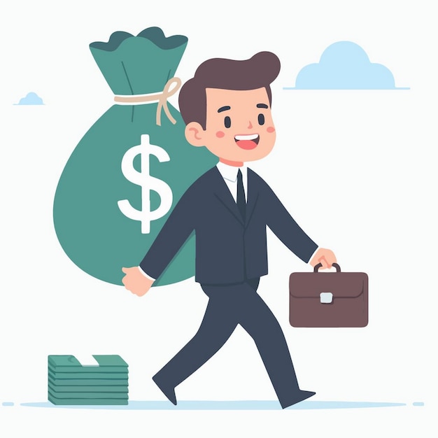 Vector vector illustration of smiley businessman carrying full money bag banknotes flying around