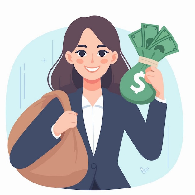 Vector Illustration Of smiley businesswomen carrying full money bag banknotes flying around