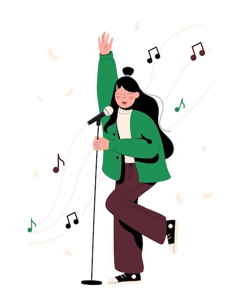 Vector vector illustration of a smiling cute girl who dances and sings musical notes are located around