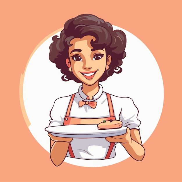 Vettore illustrazione vettoriale di una cameriera sorridente che tiene un piatto con un pezzo di torta