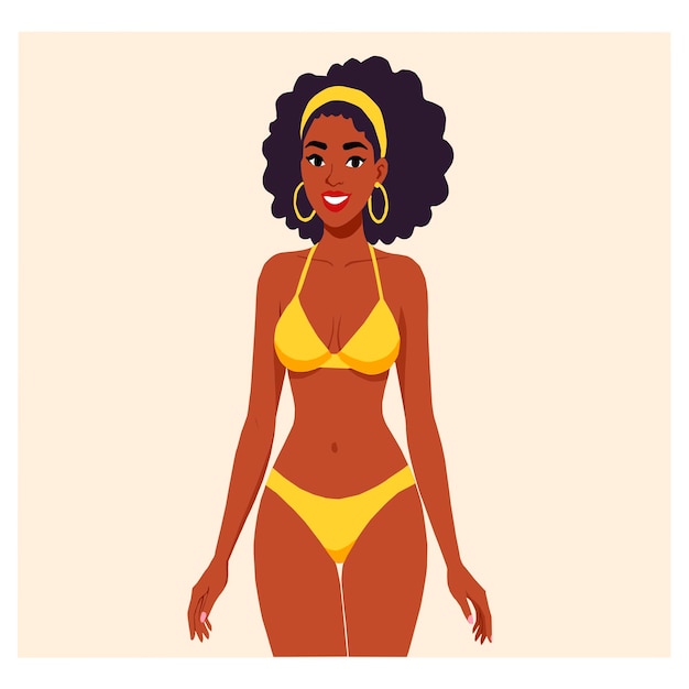Vector illustration of a smiling woman wearing a yellow bikini and curly hair standing on a light b