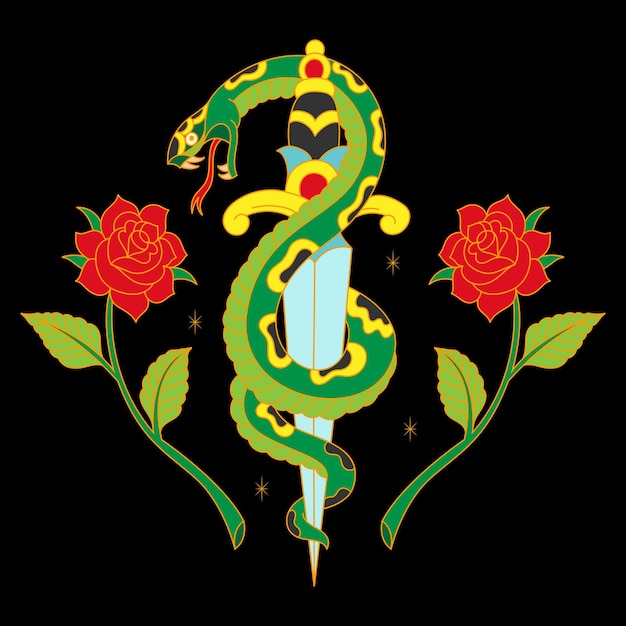 Illustrazione vettoriale daga serpente e rose