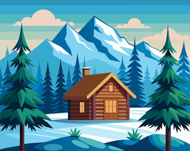 vector illustration of a snowcovered house in the forest among fir trees