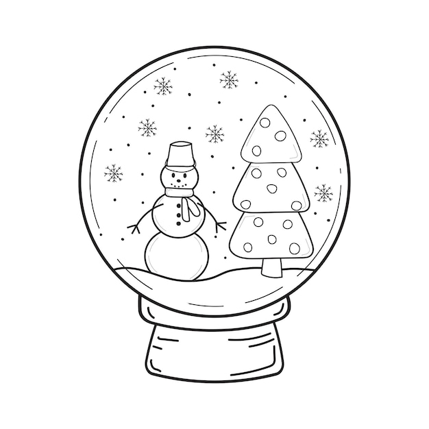 Vector illustration of a snowman with Christmas trees in a Christmas snow globe