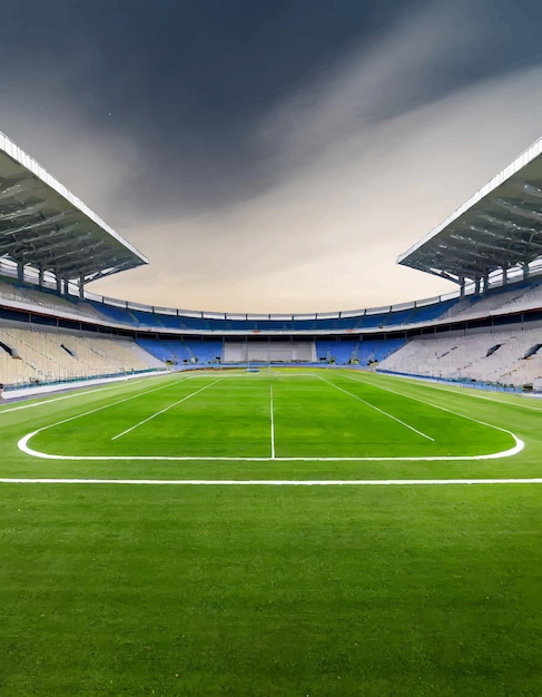 Vettore illustrazione vettoriale sfondo prospettico dello stadio di calcio con prato verde