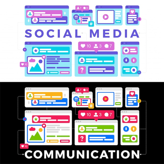 Vector vector illustration of a social media communication concept. the word social media with colorful cross-platform browser windows