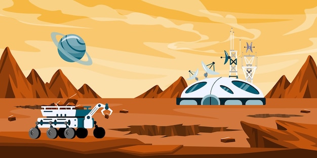 Vector illustration of space stations on the planet Cartoon space landscape with planets in the sky craters strong point a remotecontrolled explorer robot on a mountain background