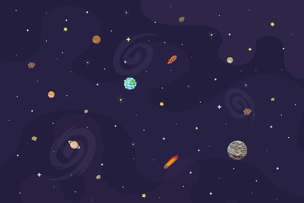 Vector vector illustration of space, universe. cute cartoon planets, asteroids, comet, rockets. kids illustration.