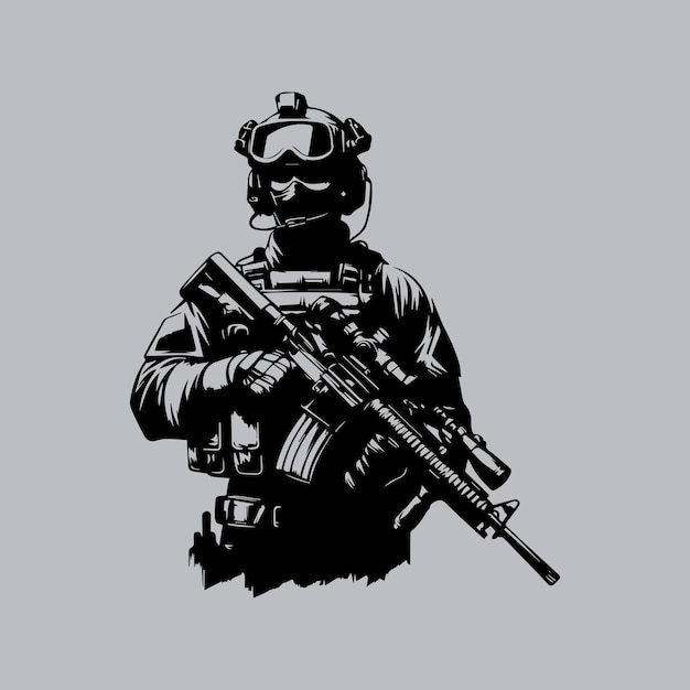 Vector illustration of a special forces soldier with assault rifle isolated on grey background