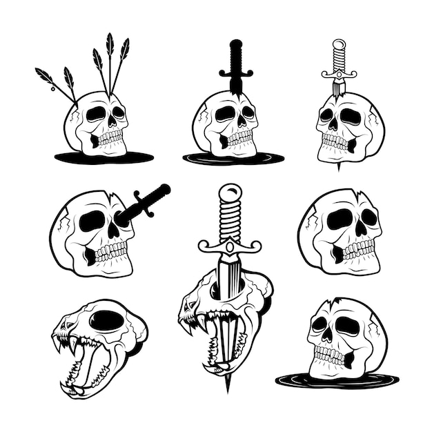 Vector illustration of spooky humans and animal skulls with knives and arrows