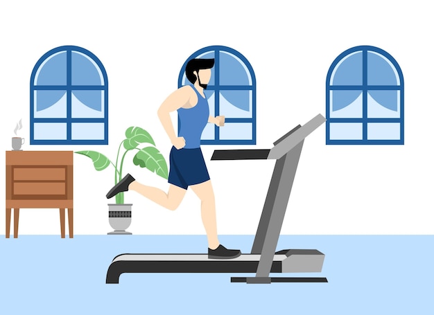 Vector illustration a sporty man is engaged in a hall on a treadmill