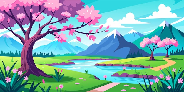 湖のそばでピンクと赤の花をかせた春の風景のベクトルイラスト