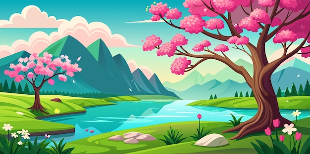 Vector vector illustration of a spring landscape with pink and red flowering trees by a lake