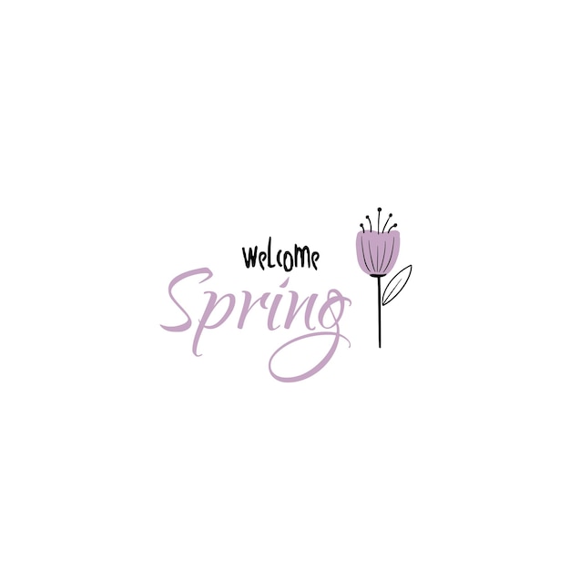 Vector illustration of spring lettering isolated set with decorative elements of sun chickens willow tulip