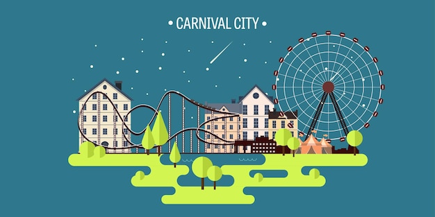 Vector vector illustration spring summer ferris wheel carnival funfair background circus park skyscrapers