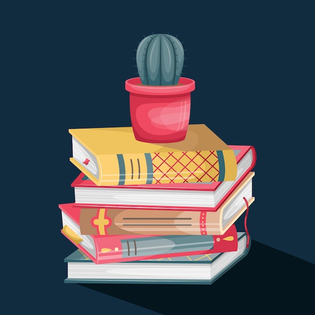 Vector illustration of a stack of books with retro covers and a pot with a cactus on top.