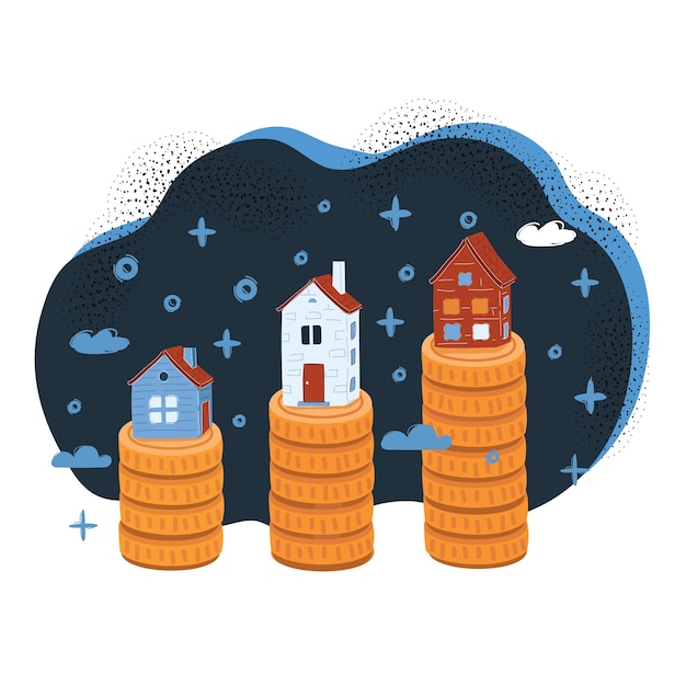 vector illustration of stack of golden coins and house on it on dark backround