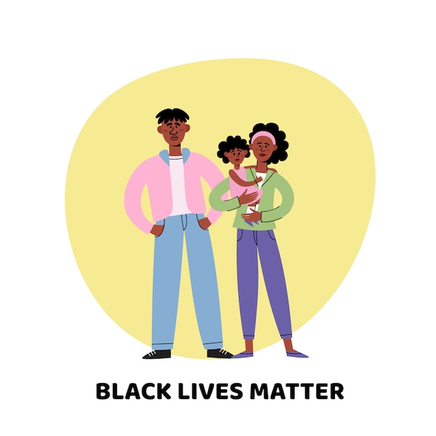 Vector illustration of standing afro american man, woman and kid, black lives matter illustration