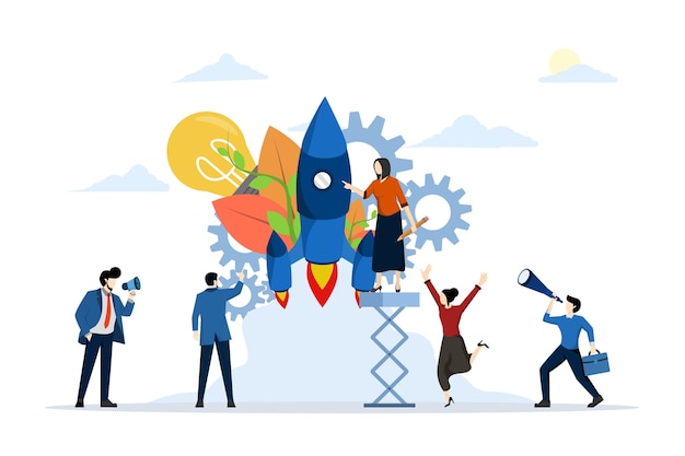 vector illustration of a startup business concept with teamwork in building a startup business