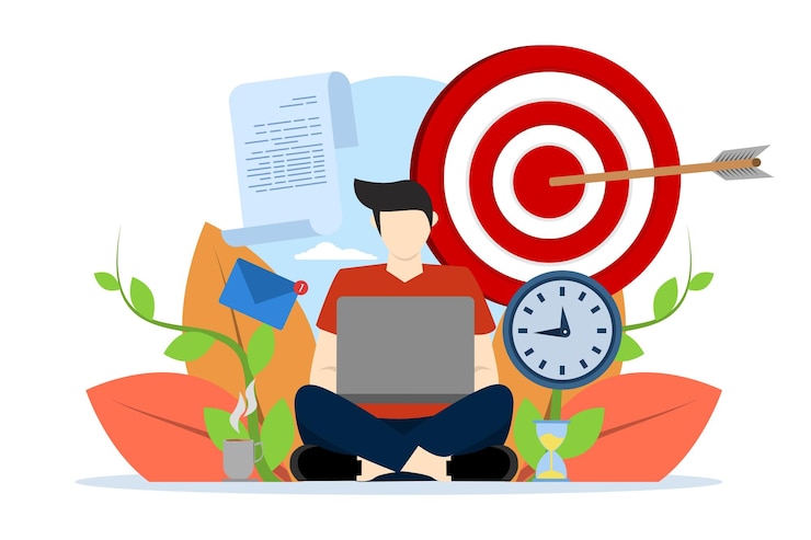 Vector vector illustration stay focused concept with man working on goal as well as schedule and new letter