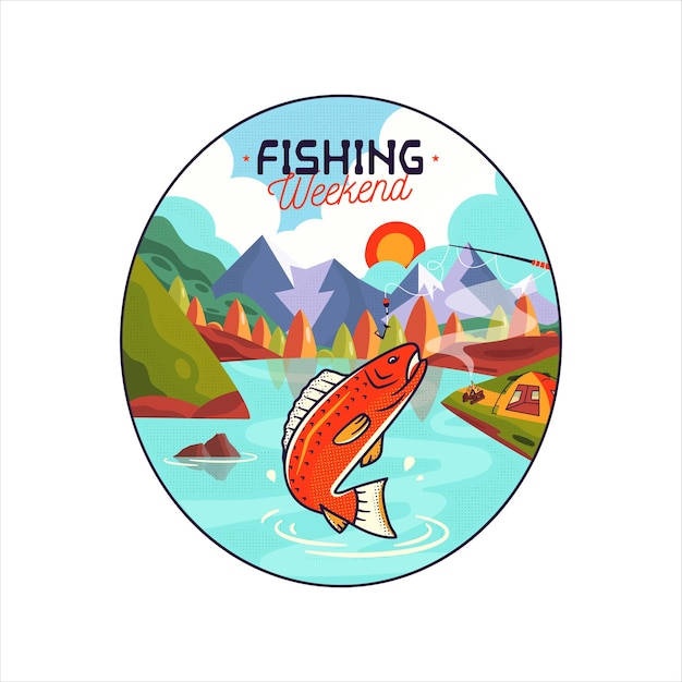 Vector illustration of sticker of fish and rod against campsite in highlands and text Fishing Weekend on white background