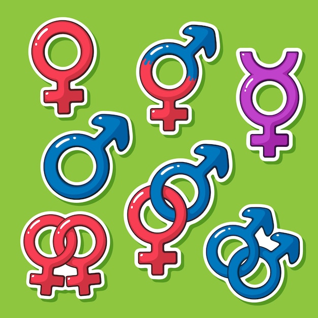 Vector illustration sticker set of gender symbols in cartoon style with contour