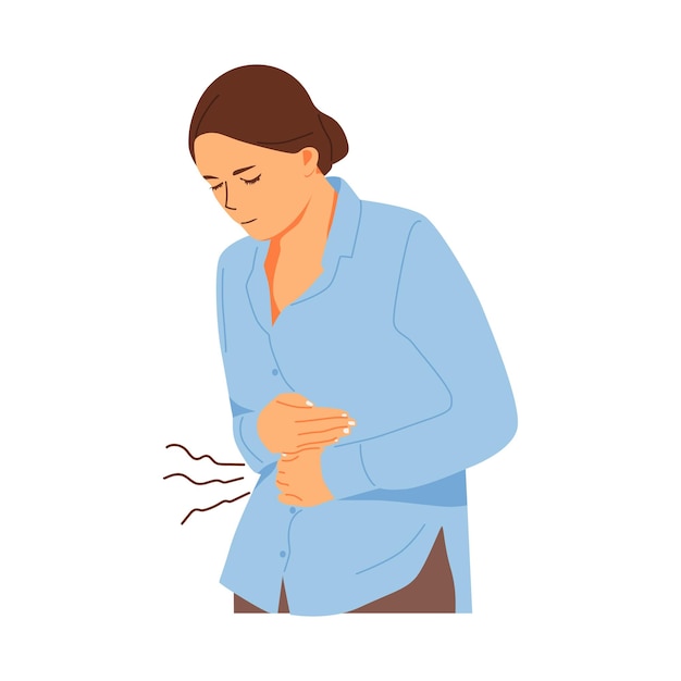 Vector illustration of stomachache symptom person concept